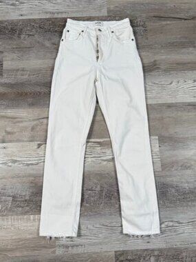 AGOLDE White Denim Jeans Riley Long High Rise Button Fly Raw Hem Minimalist 24